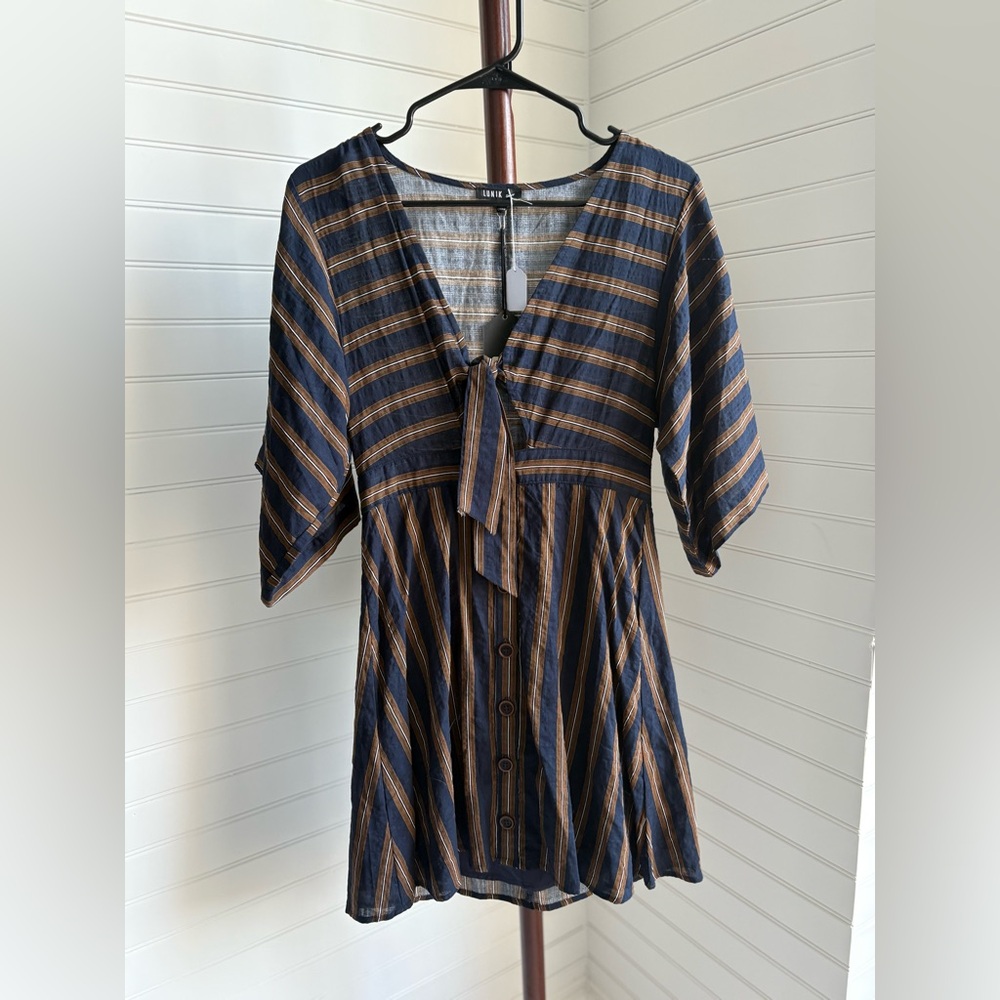 Lunik Striped Navy and Brown Mini Dress